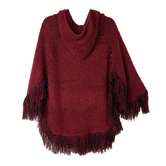 FM Red Knitted Poncho Size One Size Zip Front Hooded With Tassels, Boho, Gypsy - Picture 4 of 9
